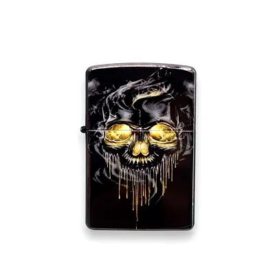 Black Metal Zippo-Style Lighter with Gold Skull Design - UNUSED 166