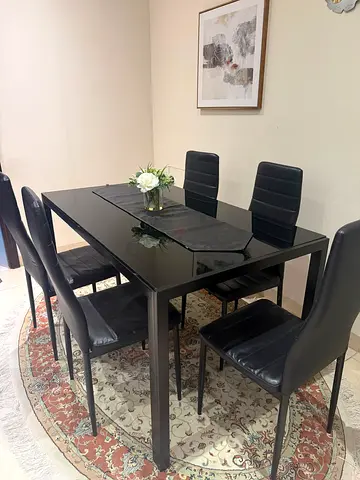 Black glass dining table with 6 leather chairs - modern set
