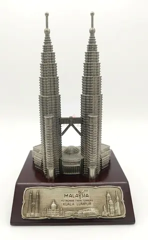 Malaysia Souvenir Petronas Twin Towers on Wooden Base. Exact Made to scale die cast model souvenir