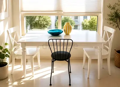 White dining table with 3 chairs (IKEA-style) - good condition