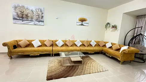 Large L-shaped Velvet Sofa Set – Gold, Seats 8-10, Good Condition