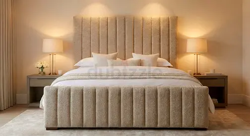 King size upholstered bed with padded headboard and footboard - beige