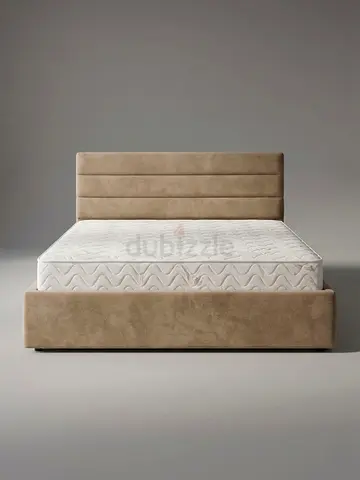 Beige Upholstered Double Bed Frame with Headboard