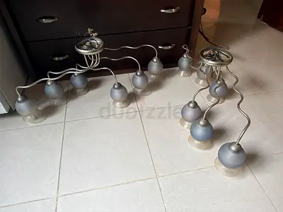 6 light brushed nickel chandelier with frosted glass shades - good condition 2 pieces