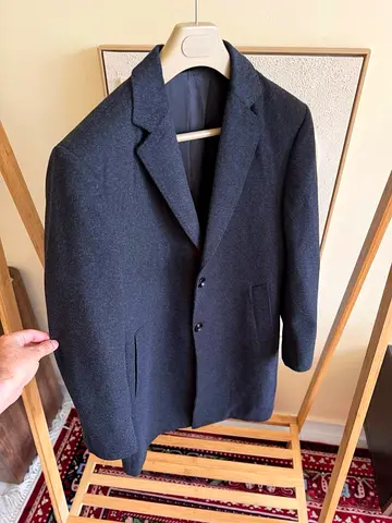 Dark charcoal grey single breasted overcoat