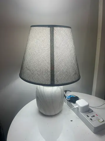 Small Marble-Base Table Lamp with Grey Fabric Shade