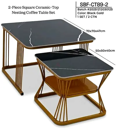 2-Piece Black Marble Ceramic-Top Nesting Coffee Table Set (Gold Frame)
