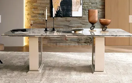 Modern marble-top design dining table with double pedestal base