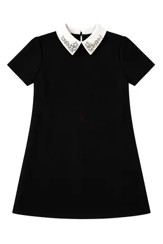 Black Short-Sleeve A-line Dress with Embellished White Peter Pan Collar