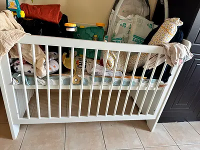 White Wooden Baby Crib — Good Condition, without Mattress