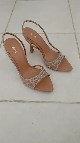 Zara women's slingback heels, light tan with rhinestone straps, EU 35