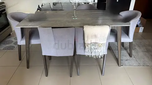 Solid wood dining table with 6 upholstered chairs - grey finish