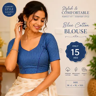 Blue Cotton Blouse - Comfortable Everyday Fit (Sizes M-XXL)