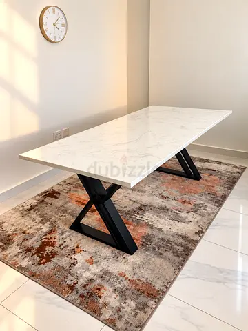 Modern White Marble Dining Table with Black X-Legs