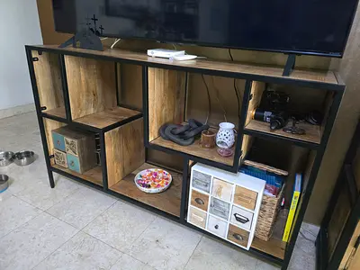 Industrial-style solid mango wooden stand with open cubby storage