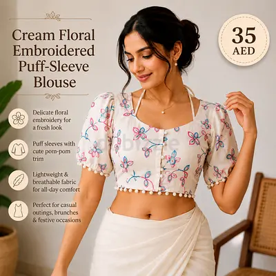 Cream Floral Embroidered Puff-Sleeve Blouse