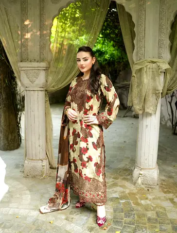 Aneelas viscose embroidered Floral 3-piece Suit with chiffon Dupatta (Beige & Brown)