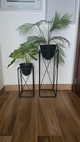 Set of 2 Black Metal Plant Stands with Pots - Modern X-Frame form oan home
