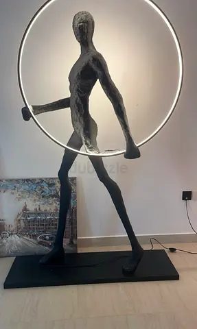 Modern Tall Walking Man Sculpture with LED Ring - Large Decorative Art Piece