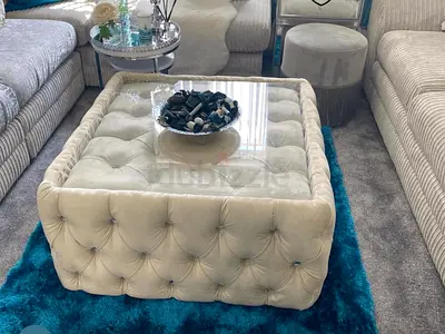 Square Tufted Ottoman Coffee Table with Glass Top - Cream