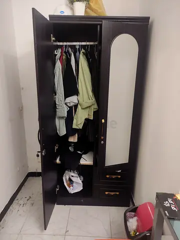 Dark wood 3-door wardrobe with mirror and drawers - good condition