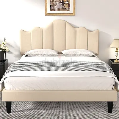 Beige Upholstered King Bed Frame with Padded Headboard
