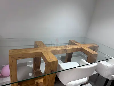 Solid Wood Console Table with Glass Top - Modern Geometric Design with 4 chairs
