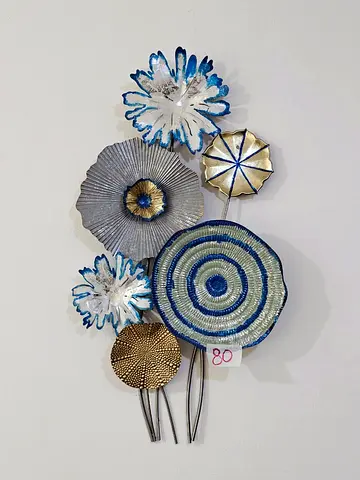 Metal Floral Wall Art Sculpture - Blue & Gold Decorative Piece