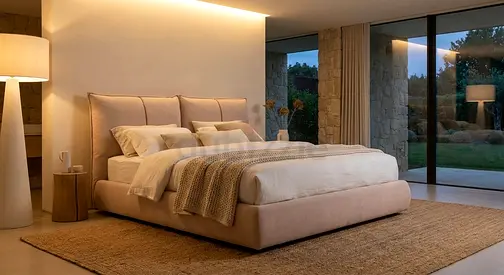 Modern upholstered king bed with headboard and base in beige -