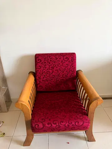 Wood Frame Armchair with Burgundy Patterned Cushions