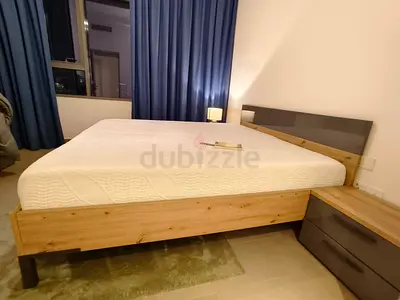 Wooden King Bed Frame with Mattress and Matching Nightstand