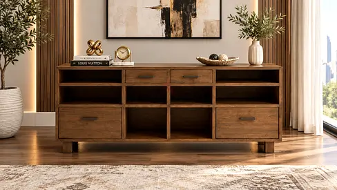 Crate and barrel Solid Wood Sideboard Cabinet with Open Shelves and Drawers