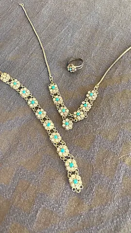 Silver-tone turquoise flower necklace, bracelet and ring set