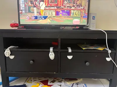 Solid wood TV stand / media console with two drawers — used