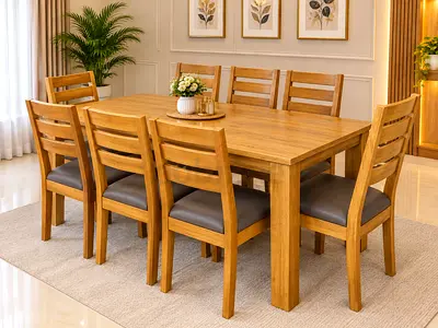 Solid Wood 8-Seater Dining Table Set with Padded Chairs