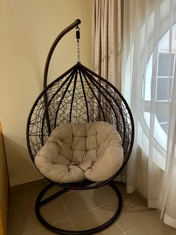 Hanging Egg Chair with Cushion - Dark Brown Frame, Light Beige Cushion
