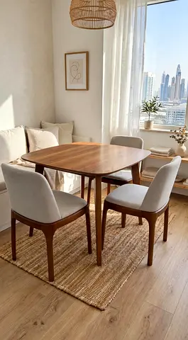 Solid Wood 4-Seater Dining Table with Upholstered Chairs - Excellent Condition