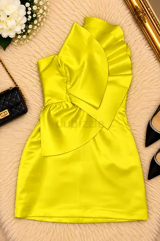 One-shoulder lime satin mini dress with ruffle detail