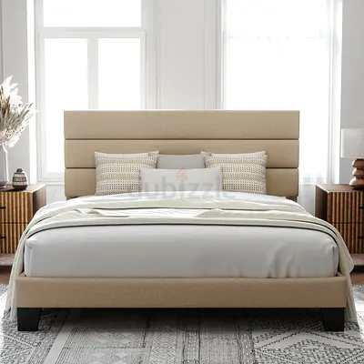Beige Upholstered Double Bed with Headboard