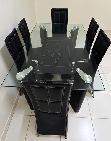 Glass Top Dining Table with 6 Black Leather Chairs