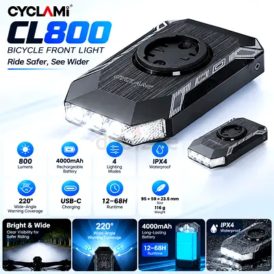 CYCLAMI CL800 Bicycle Front Light – 800 Lumens, 4000mAh, USB-C, IPX4