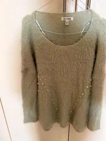 Soft mint green fuzzy knit women's sweater with pearl detail - size M