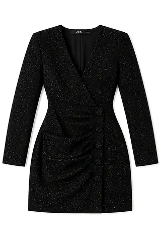 Zara Black Sparkle Wrap Mini Dress with Button Detail — Size s