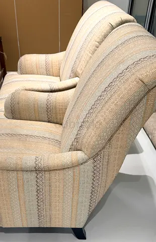 Pair of beige striped upholstered armchairs - comfortable living room chairs