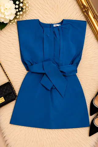 Zara Blue Sleeveless Belted Mini Dress - Size Unknown, Good Condition