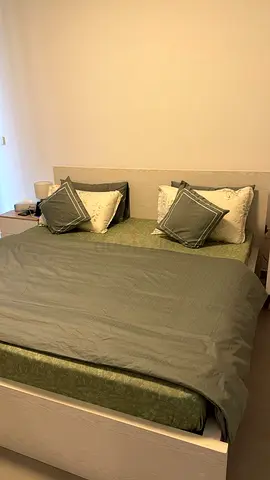 Queen size bed frame with mattress and bedside tables - light wood one scratch on one side table