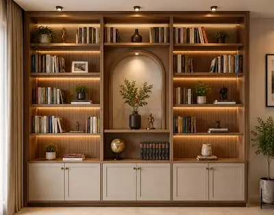 Custom built-in wooden bookcase with cabinets and LED lighting