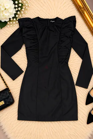 Black long-sleeve ruffle mini dress - size unknown