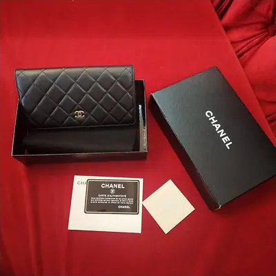 Chanel Black Quilted Leather Long Wallet with Box and Authenticity Card