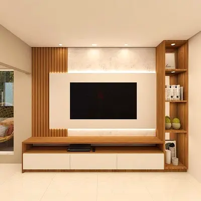 Customise Wooden TV Entertainment Unit with Open Shelves and Cabinets